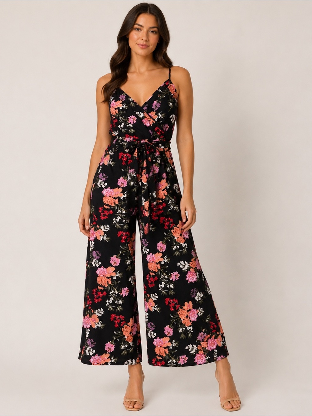 Rachel Roy Women’s Floral Wide-Leg Jumpsuit Size M Black Wrap Front Tie Waist